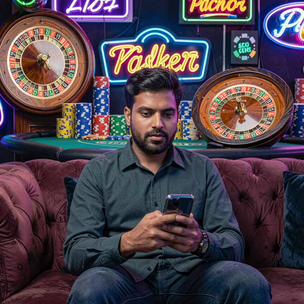 Stylish Bangladeshi man relaxing on a sofa while using the 995DET casino app surrounded by glowing roulette wheels poker chips and neon casino visuals