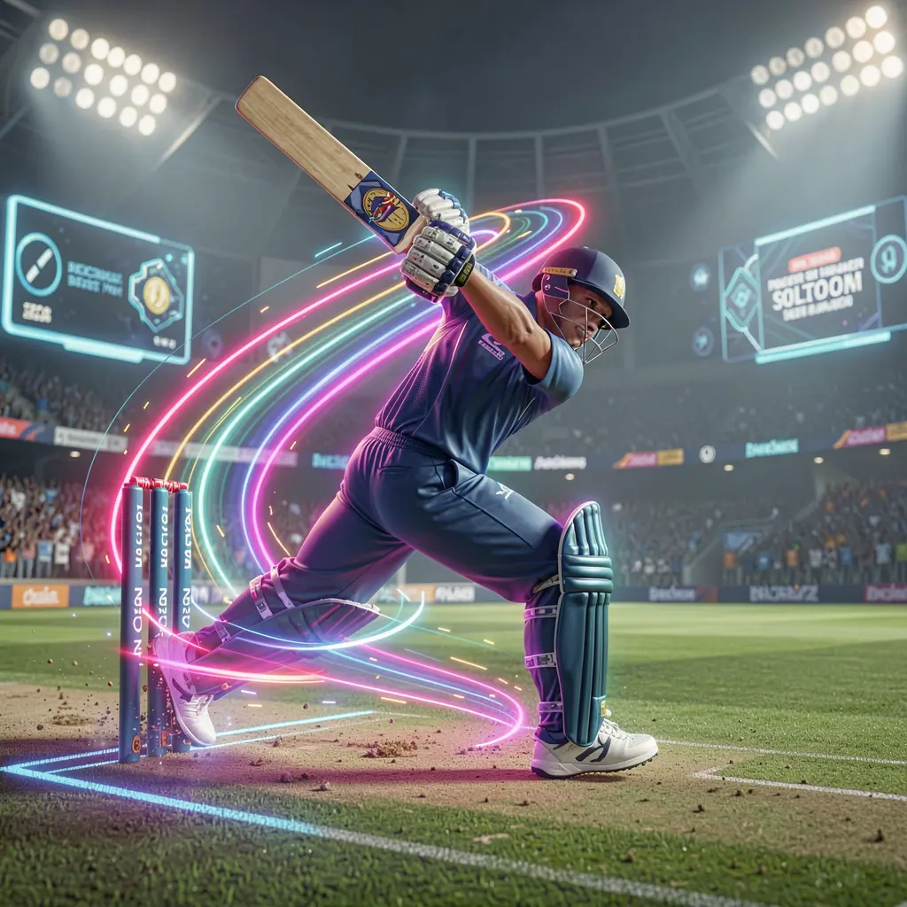 Dynamic neon cricket player in motion with glowing effects and stadium lights representing high energy sports betting on 995DET in Bangladesh