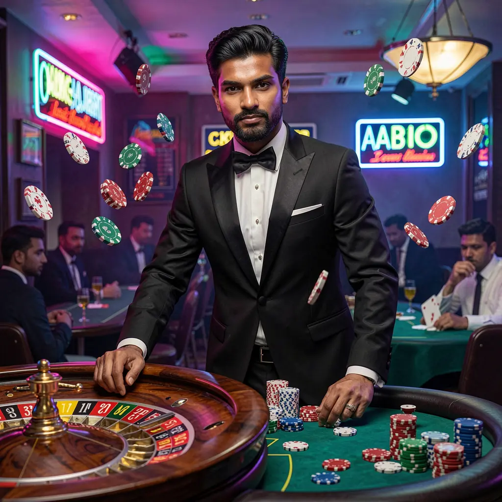 Confident casino dealer in a luxury tuxedo surrounded by glowing chips and roulette lights showcasing the premium live casino environment of 995DET in Bangladesh