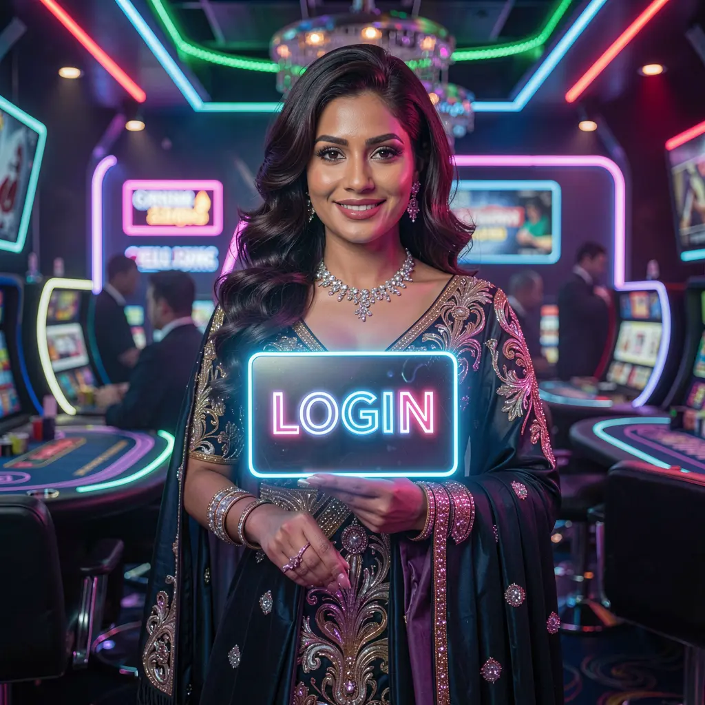 Confident Bangladeshi woman in a red outfit holding a glowing login card inside a modern casino atmosphere at 995DET