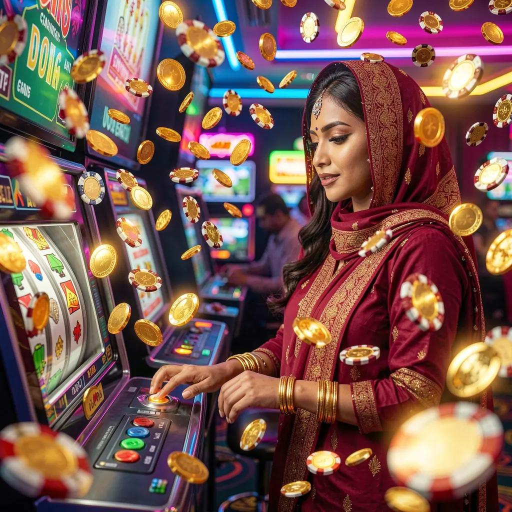 A stylish woman surrounded by sparkling casino coins while playing slot machines at 995DET, capturing the thrill and luxury of online slots in Bangladesh